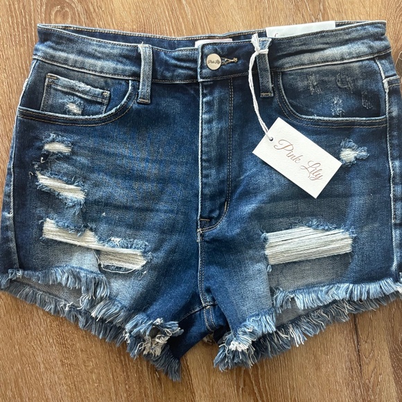 Pink Lily Backroad Songs Distressed High Waisted Dark Wash Shorts. - Picture 1 of 5